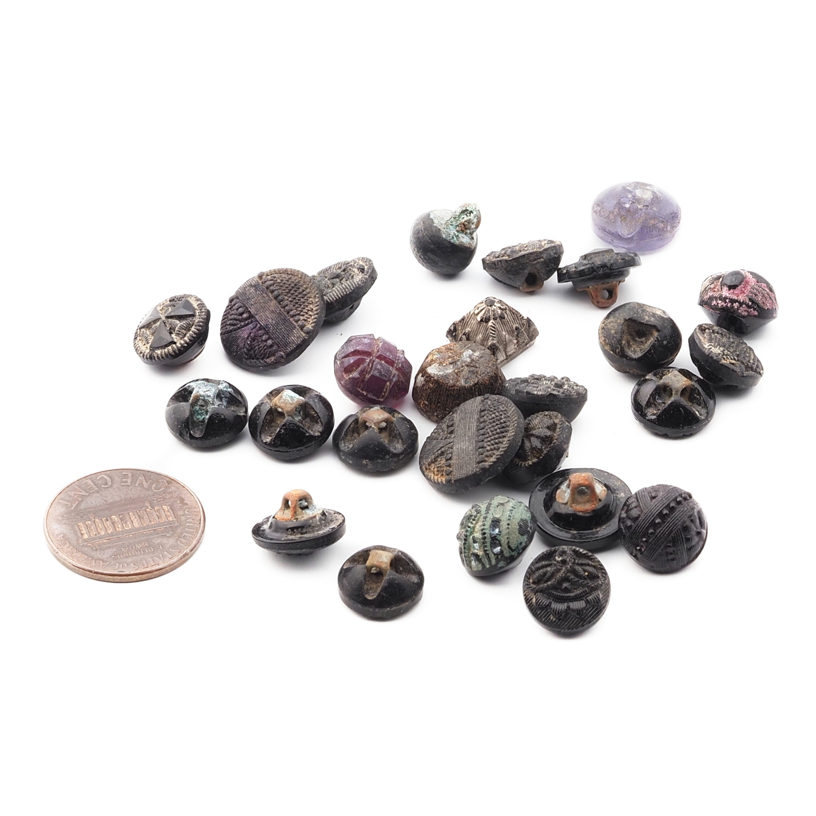 Lot (24) Czech Victorian Deco antique small black blue glass buttons