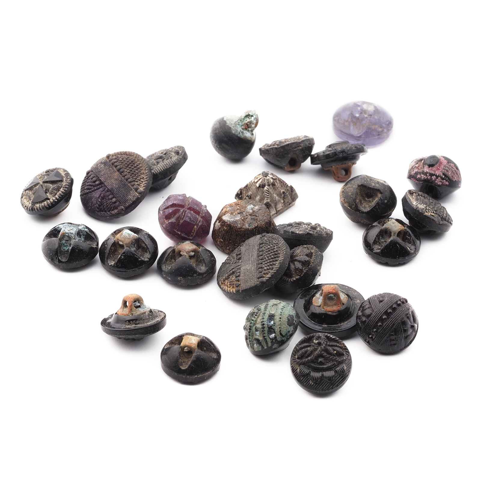 Lot (24) Czech Victorian Deco antique small black blue glass buttons