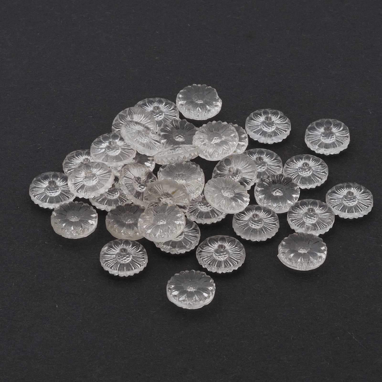 Lot (36) Czech Art Deco clear flower headpin glass beads shankless button elements 12mm