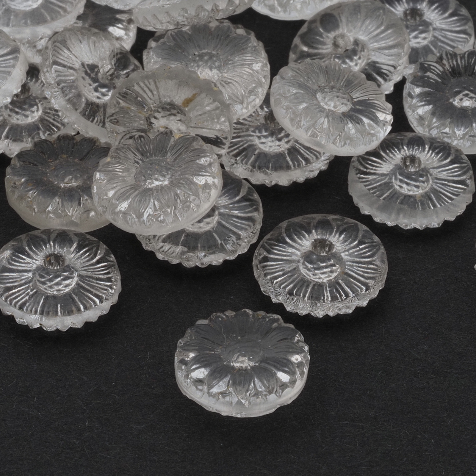 Lot (36) Czech Art Deco clear flower headpin glass beads shankless button elements 12mm