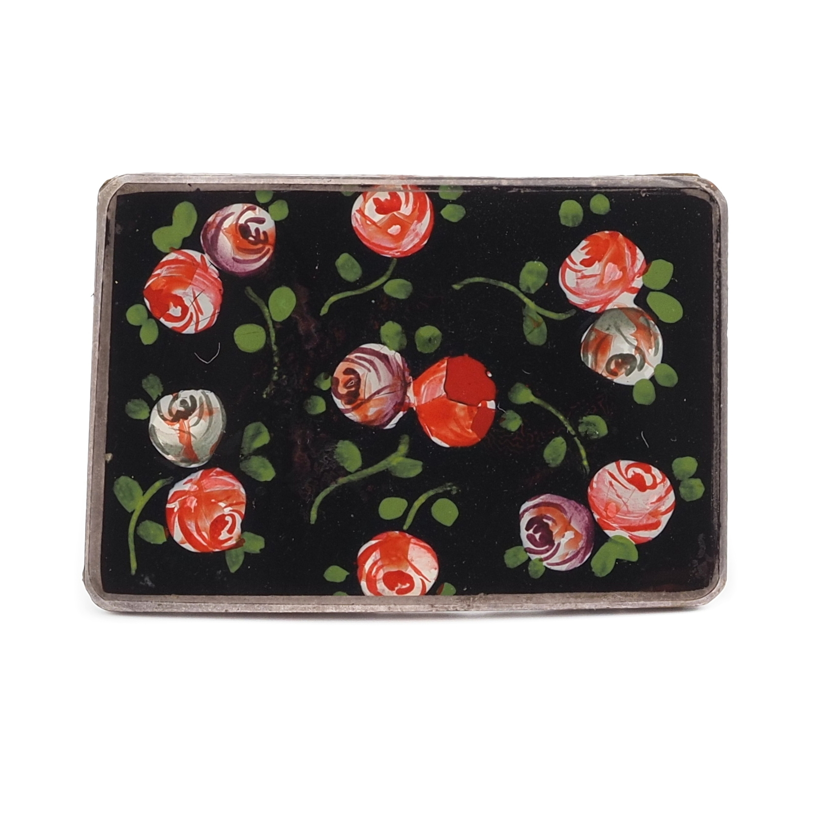 Antique Art Nouveau Czech reverse painted floral rose glass pin brooch