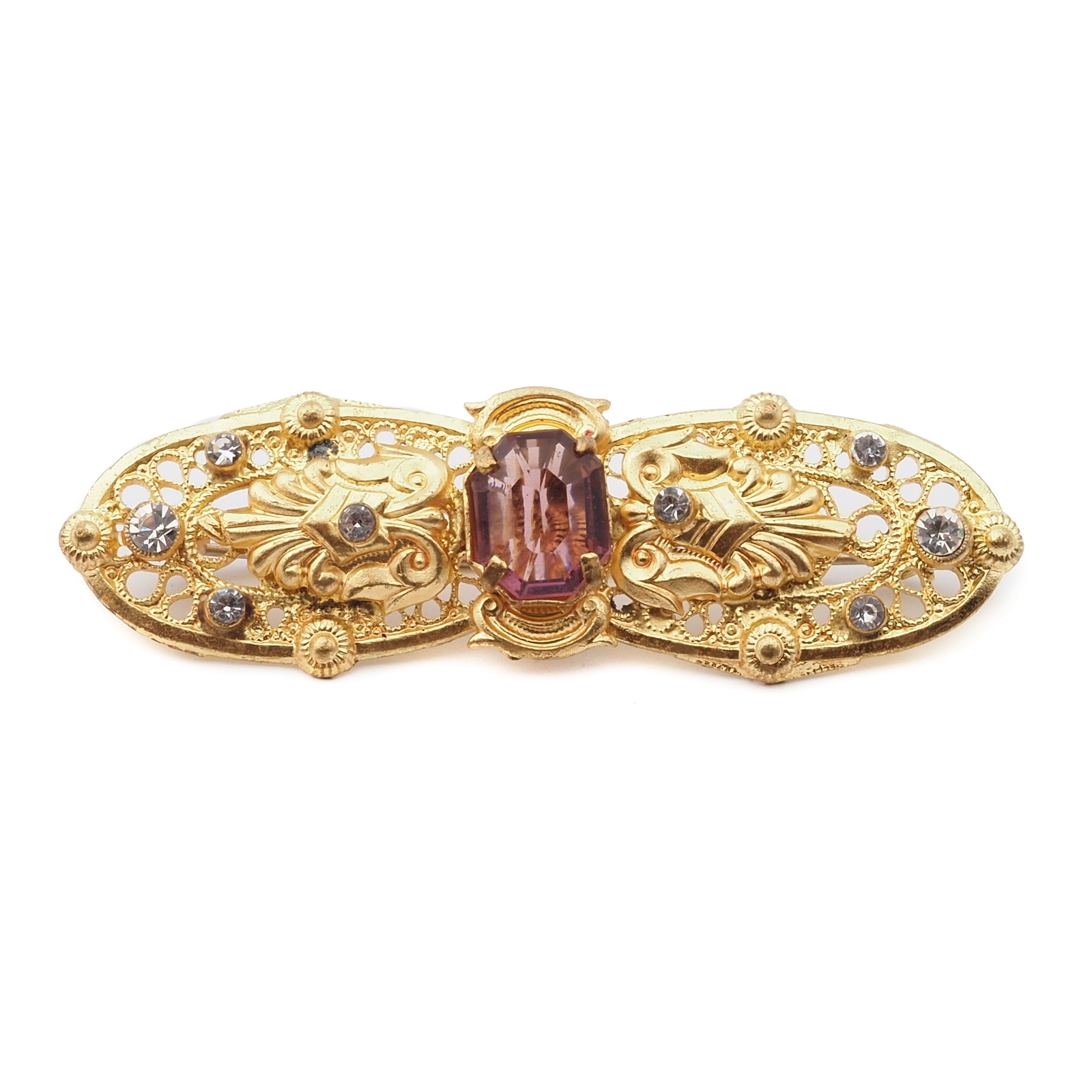 Vintage Czech gold metal purple clear glass rhinestone filigree pin brooch