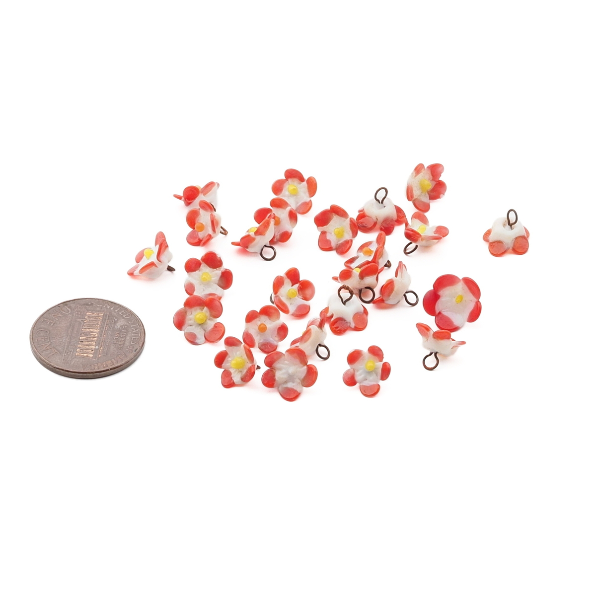 Czech antique micro lampwork red bicolor glass flower bead drop One bead 