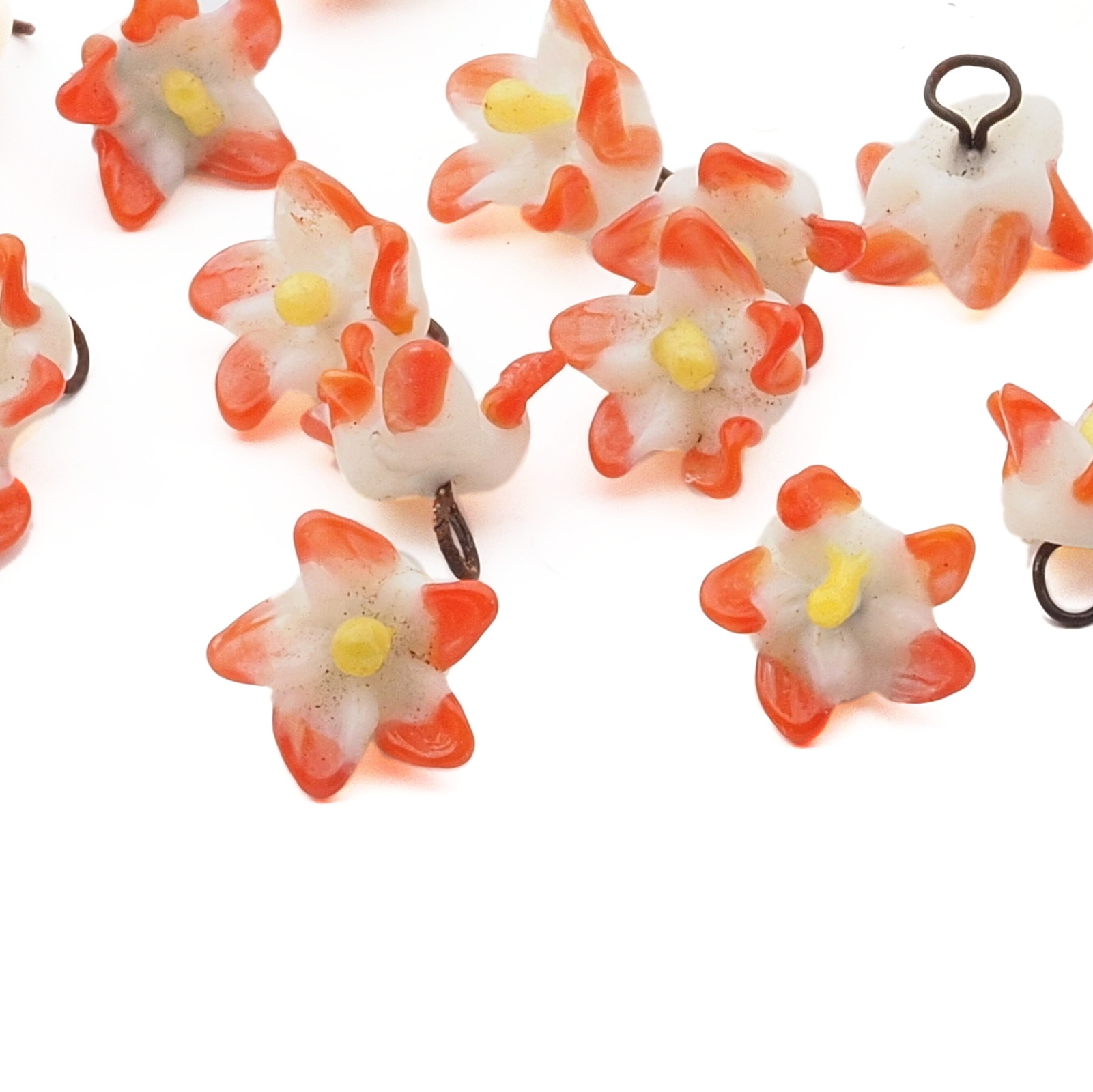 Czech antique micro lampwork orange bicolor glass flower bead drop 7/8mm One bead