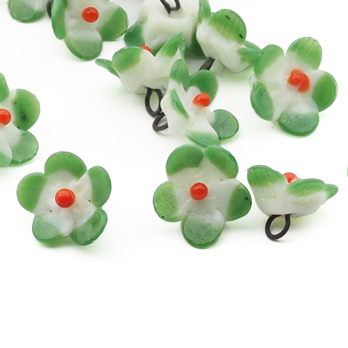 Czech antique micro lampwork green bicolor glass flower bead drop 9/10mm One bead