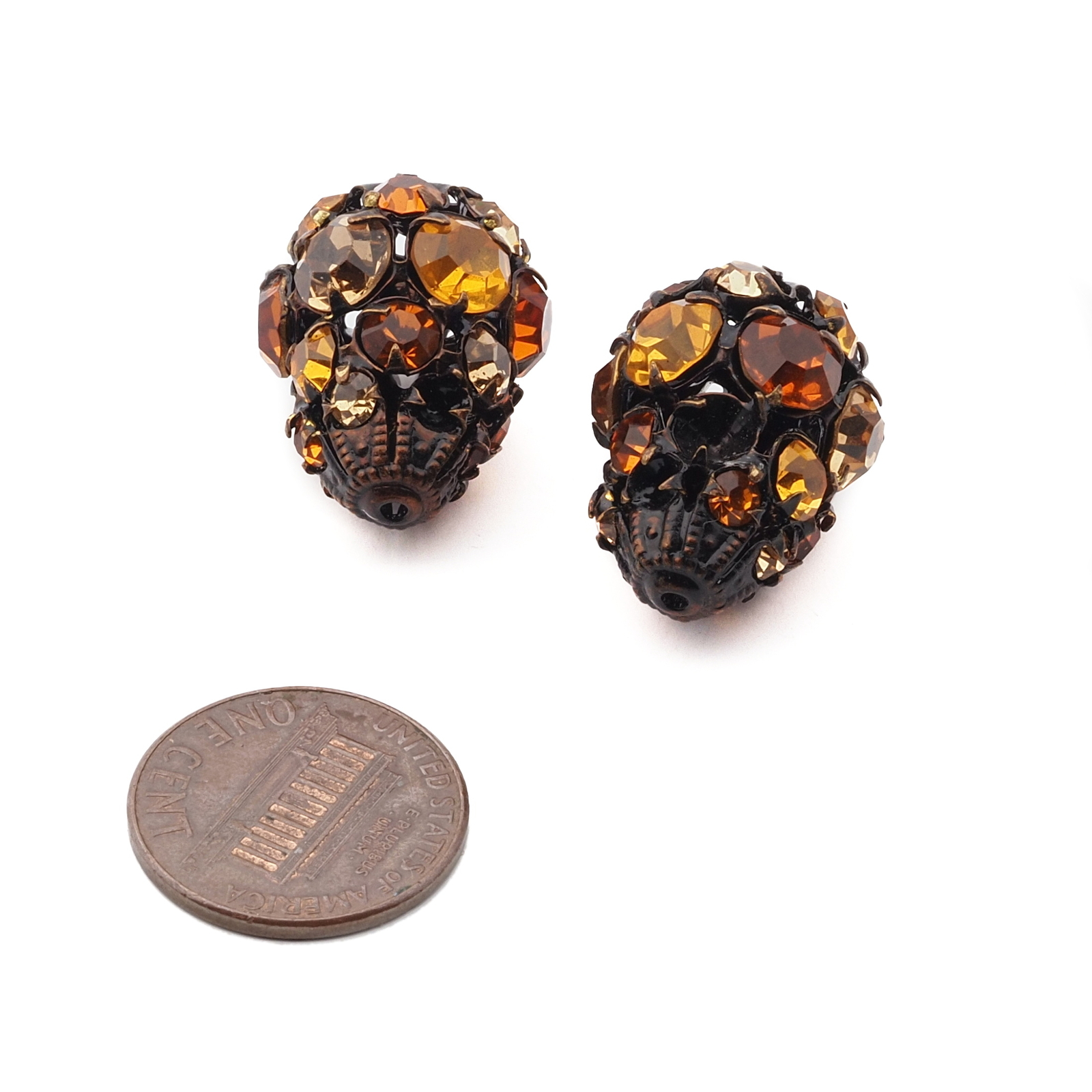 Lot (2) Czech amber jonquil glass rhinestone teardrop metal ball beads 23mm