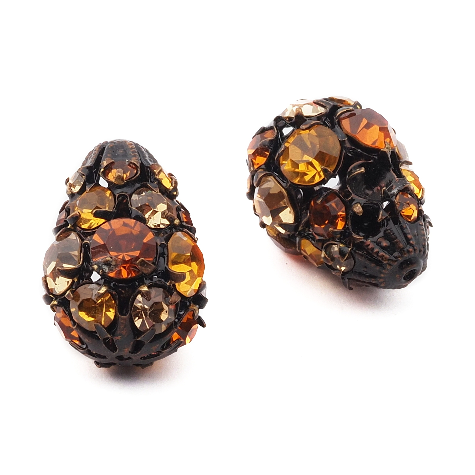 Lot (2) Czech amber jonquil glass rhinestone teardrop metal ball beads 23mm