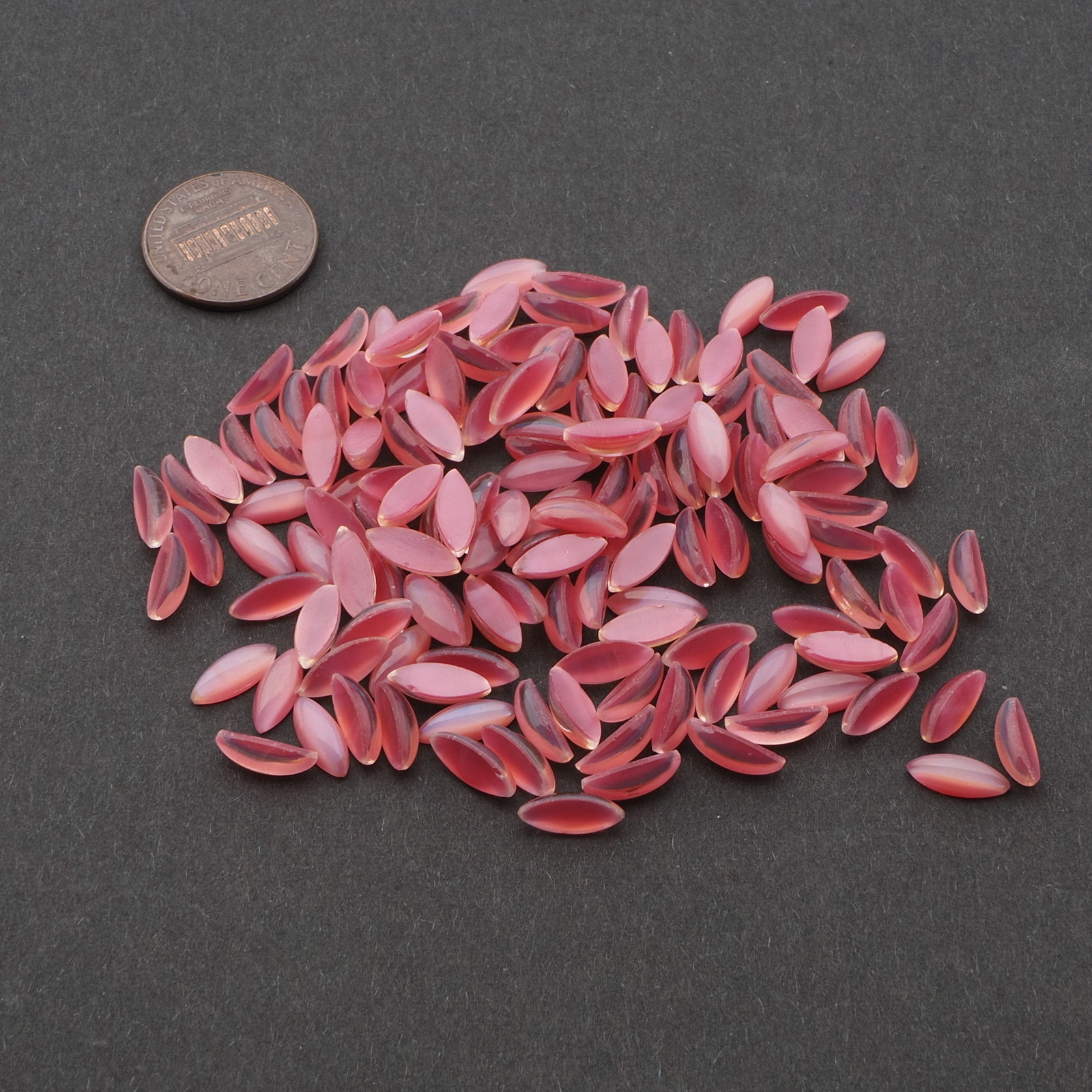 Lot (135) Vintage Czech pink fire opal dragons breath oval glass cabochons 9x4mm