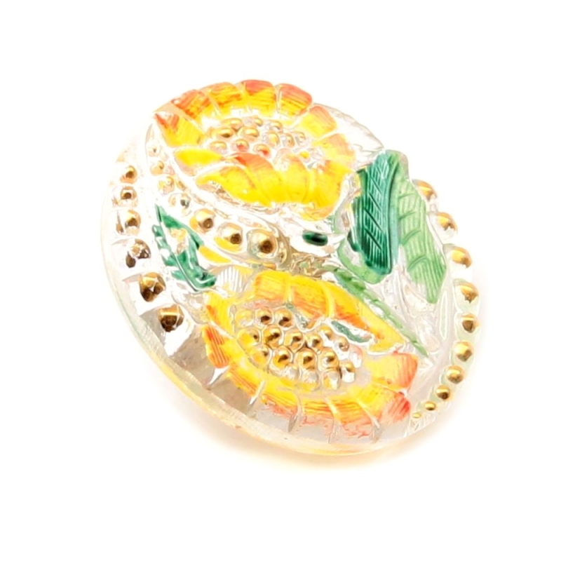27mm vintage Czech yellow painted sunflower gilt crystal art glass button