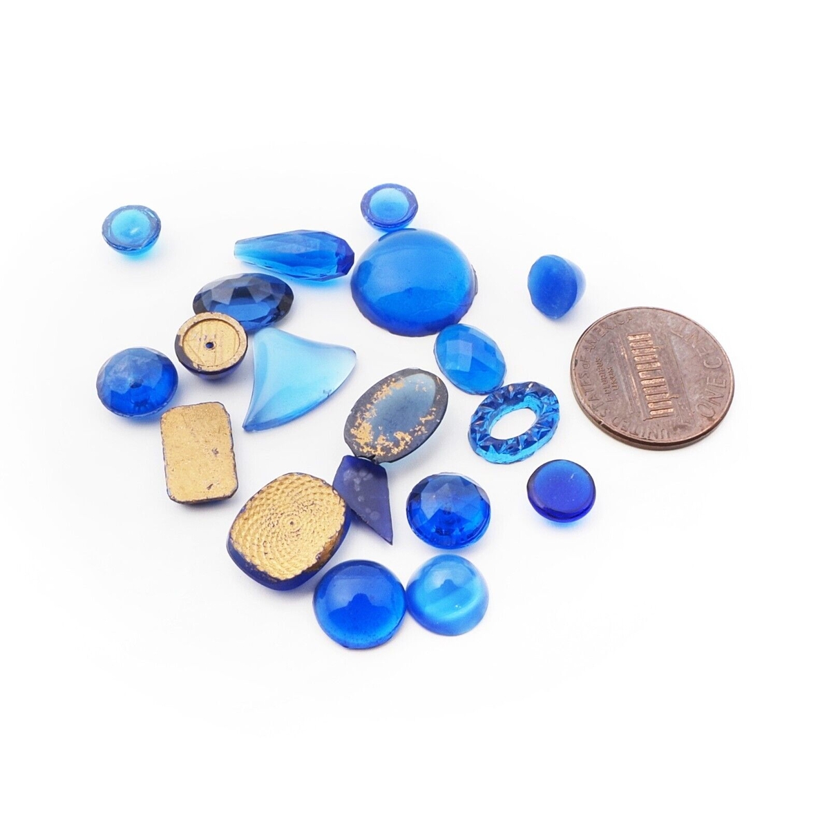 Lot (19) Czech vintage blue glass rhinestones beads cabochons