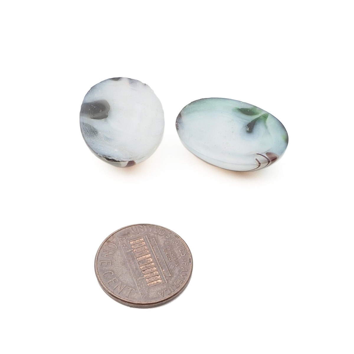 Lot (2) Czech vintage green grey striped satin oval glass cabochons 25mm