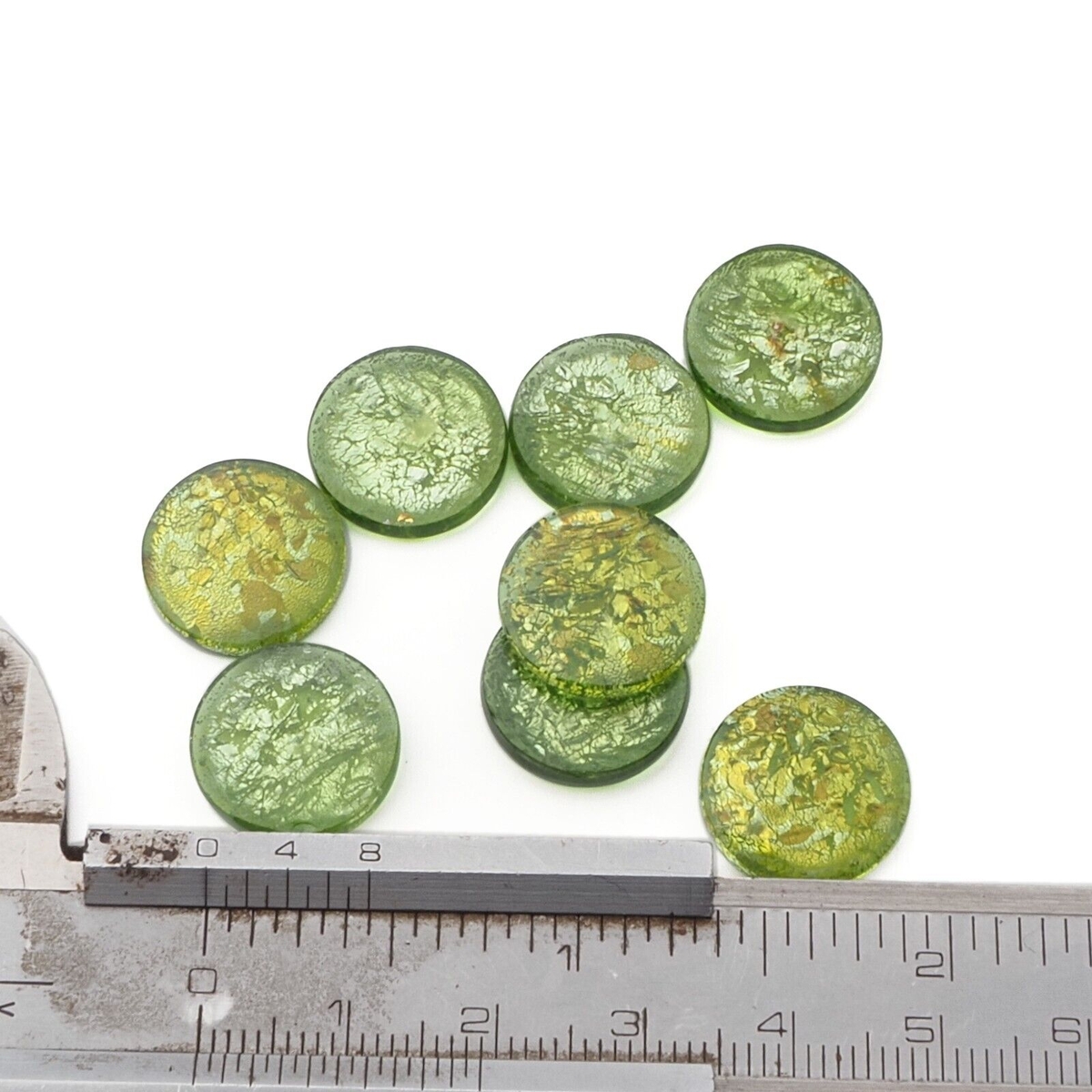 Lot (8) Czech vintage foil marble green lozenge glass cabochons 15mm