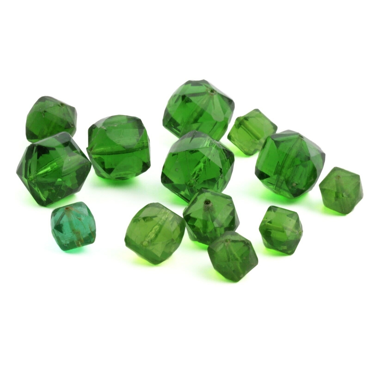 Lot (13) Austrian D.S antique cube faceted green glass beads