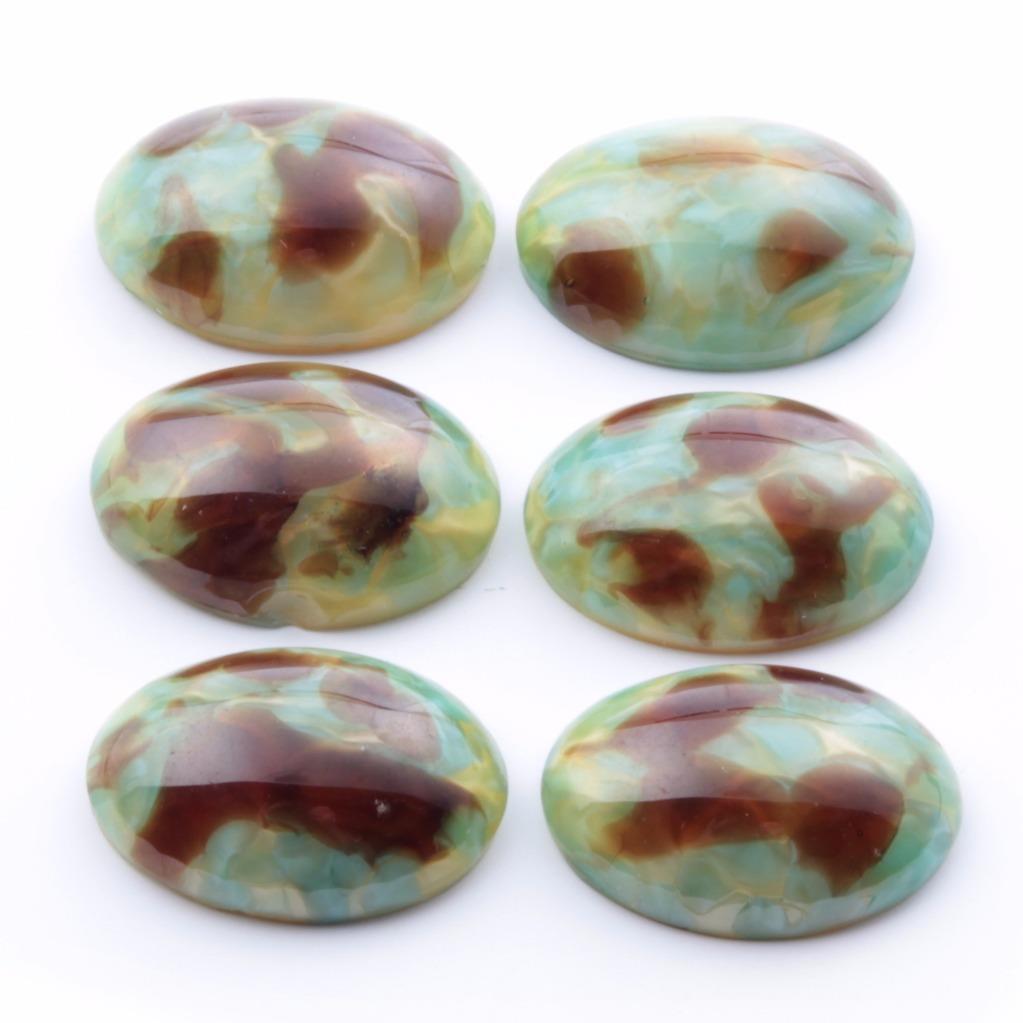 Lot (6) large Czech vintage satin marble oval glass cabochons 25x18mm