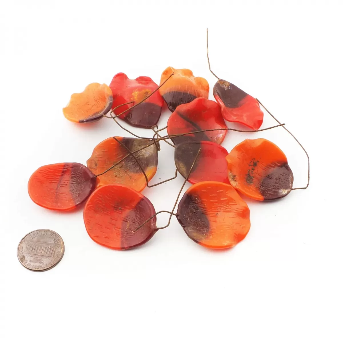 Lot (11) Czech antique lampwork orange bicolor glass flower petal head pin beads