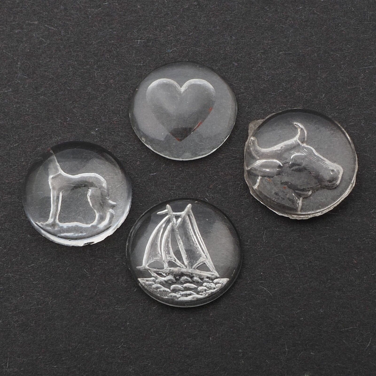 RESERVED LIZ Lot (4) Czech antique intaglio clear glass cabochons sailing dog cow heart