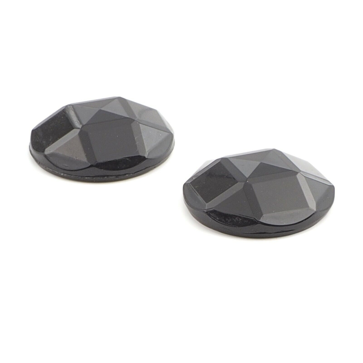 Lot (2) Czech vintage black faceted shankless glass button cabochons 20mm