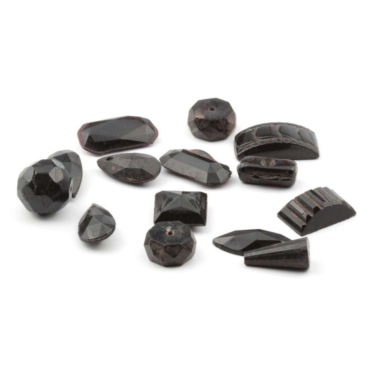 Lot (14) Czech vintage Art Deco black glass rhinestones cabochons beads pendants