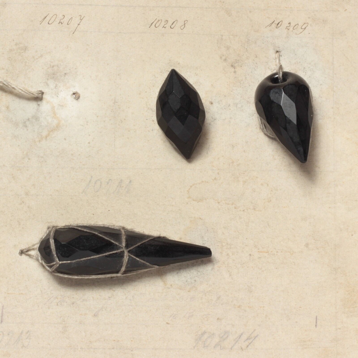 Antique Victorian Czech sample card blown black glass beads embellishments