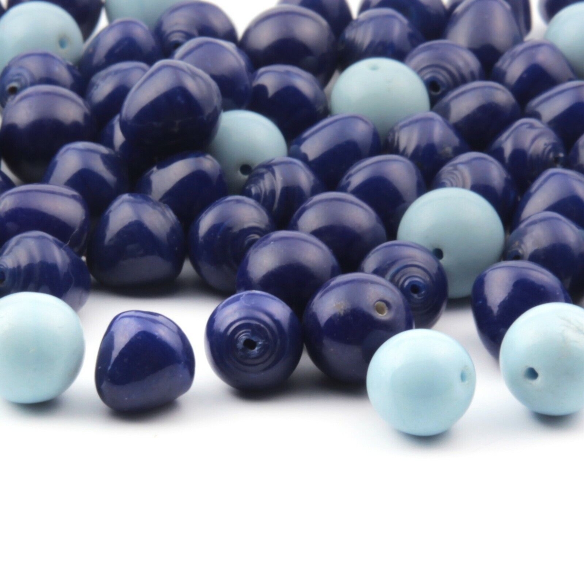 Lot (70) vintage Czech blue round and blue cone lampwork head pin glass beads