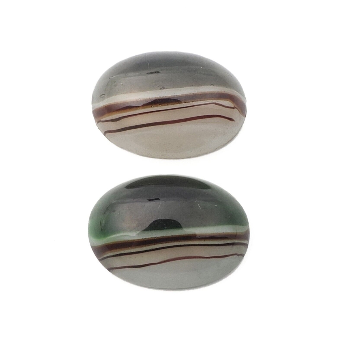 Lot (2) Czech vintage green grey striped satin oval glass cabochons 25mm