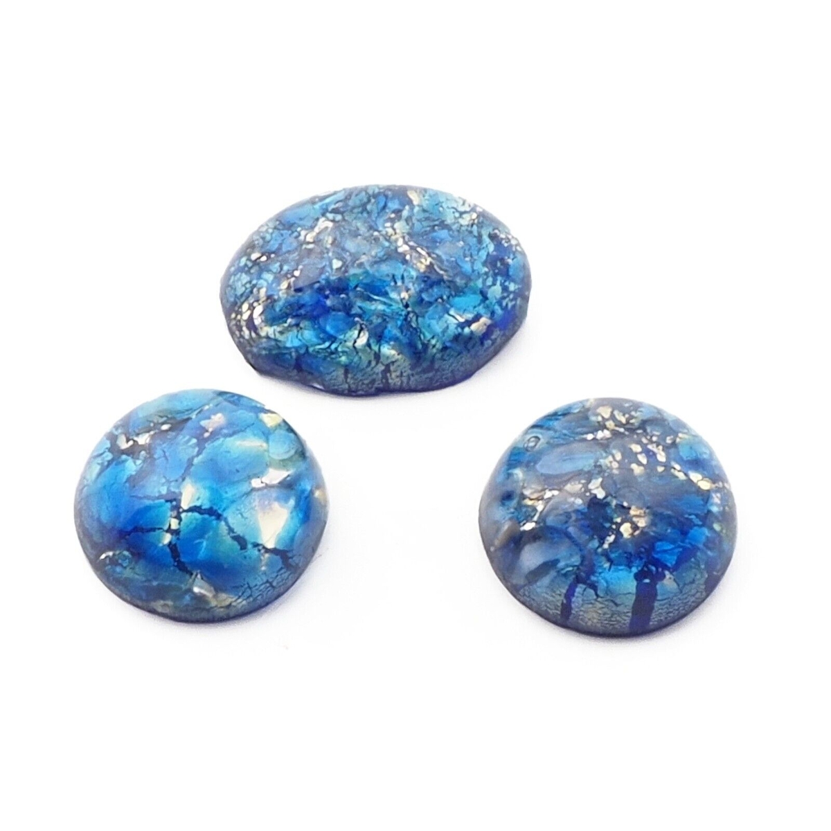 Lot (3) Czech vintage foil marble blue moonglow glass cabochons