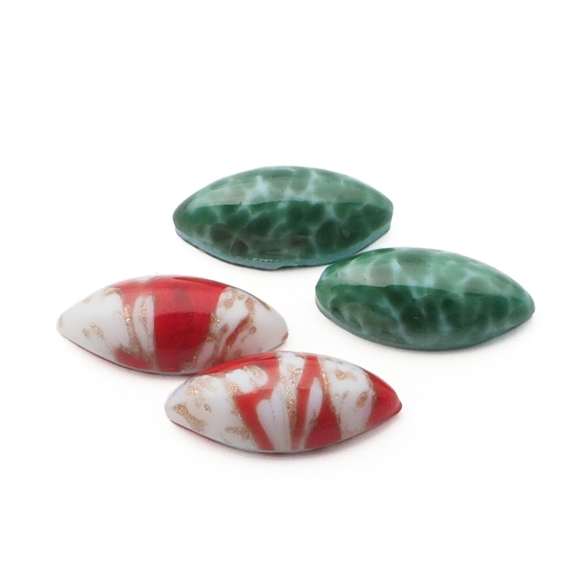 Lot (4) Czech vintage oval glass cabochons green red marble 15x7mm