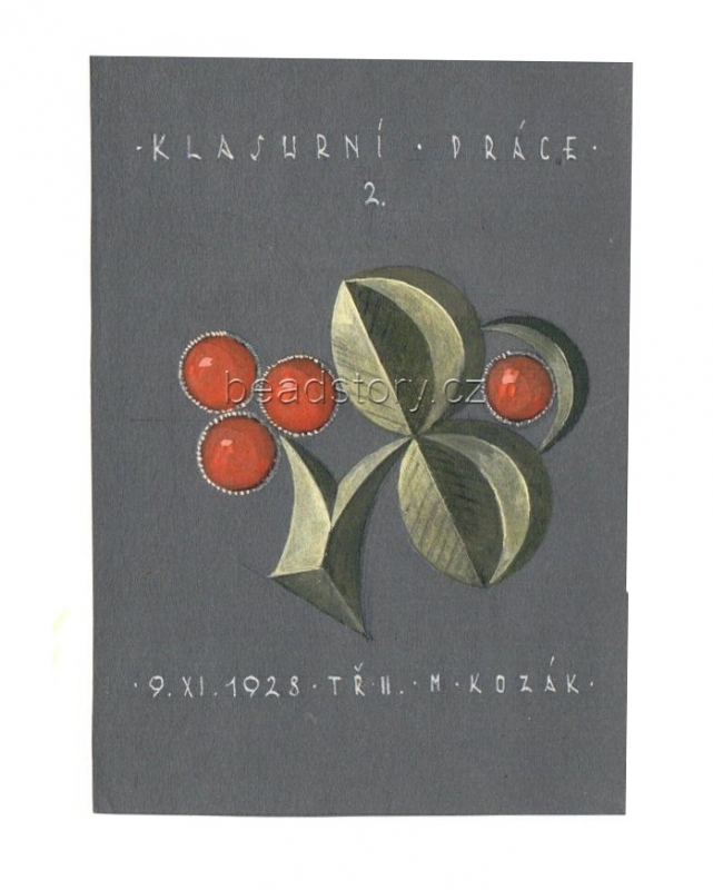 Original Art Deco gold cherry tree brooch design illustration sketch drawing Czechoslovakia Jewelry Exam work 1928
