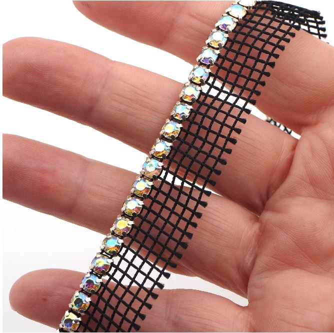 Preciosa ss20, Sparkle AB Crystal, 1 meter rhinestone black mesh, strand jewel silver prong setting trim banding sew embellishment
