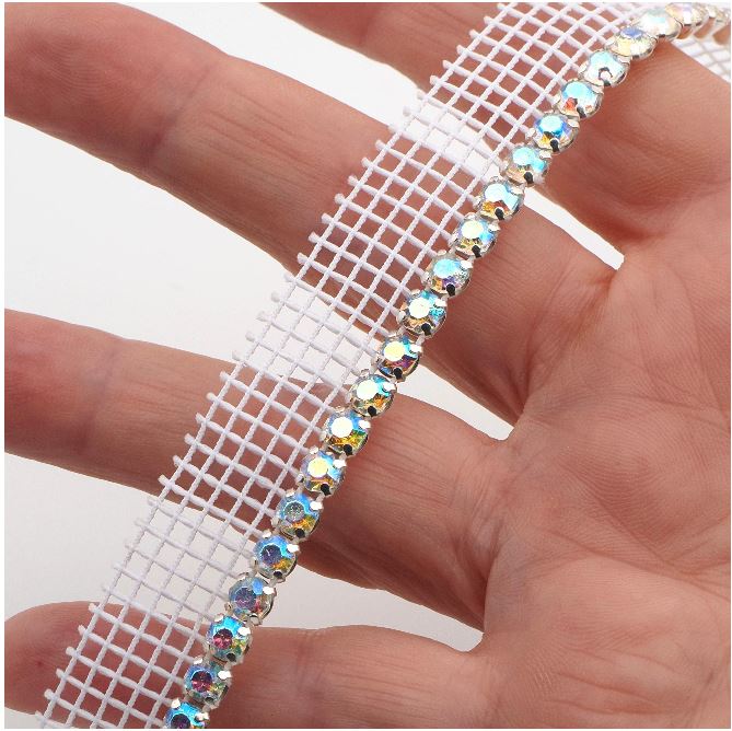 Preciosa 1 meter ss20, 4.8 mm, AB Crystal rhinestone white mesh, strand silver tone prong setting trim banding sew embellishment