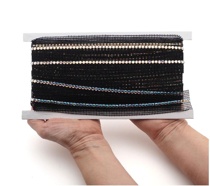 Preciosa ss22 Sparkle AB Crystal 1 meter rhinestone black mesh, strand jewel silver flat back Diamante trim banding sew embellishment