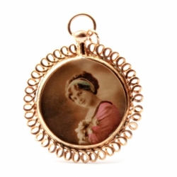 Antique Czech double side rolled gold scroll lithograph portrait locket necklace pendant