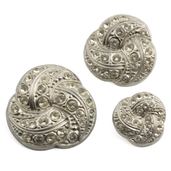 Set (3) vintage Czech Art Nouveau style trefoil knot silver metal crystal glass rhinestone buttons