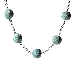 Vintage Deco chrome chain necklace galalith carved blue round beads