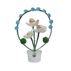 Vintage Czech lampwork glass miniature white flowers in glass pot ornament blue bead arch