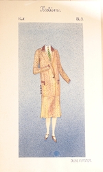 Antique Art Deco hand drawn and colored ladies two piece tweed suit fashion design sketch