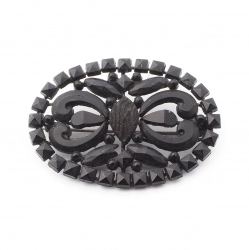 Czech Antique Victorian pierced openwork jet black mourning glass pin brooch