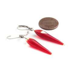 Pair Czech lampwork glass red bicolor teardrop bead earrings