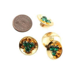 Lot (4) Czech Emerald green glass rhinestone gold tone metal buttons 18mm