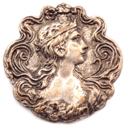 Antique Art Nouveau silver metal floral pictorial lady portrait picture button