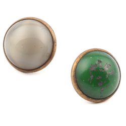 Lot (2) antique Czech 2 part brass mounted green satin moonglow foil marble glass cabochon buttons