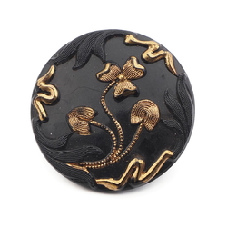 Antique Victorian Czech gold gilt floral black glass button 27mm