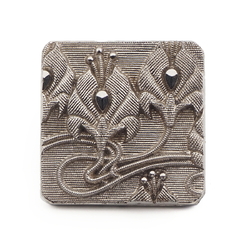 Antique Victorian Czech silver marcasite floral square black glass button 20mm