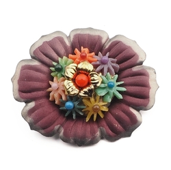Vintage floral tin metal pin brooch glass beads plastic Edelweiss flowers