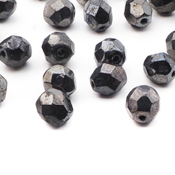 Lot (24) Vintage Czech metallic lustre black faceted glass beads 7mm