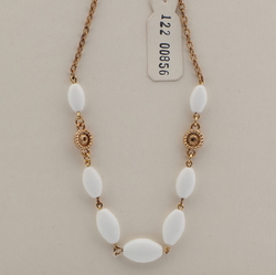 Vintage Czech link chain necklace white oval glass beads 