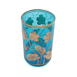 Antique Bohemian gold gilt pansy flower blue drinking glass