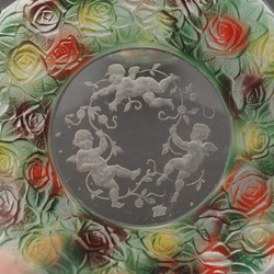 Rare intaglio rose floral cherub glass bowl set designed by Adolf Beckert for Heinrich Hoffmann 1927