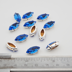 Sapphire Blue sew on silver plate Navettes 15 x 7 mm wholesale lot 144 pcs marquise faceted rhinestones Preciosa fancy stones