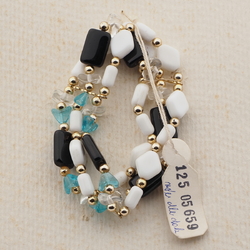 Vintage Czech elastic 3 strand bracelet black white blue clear glass beads